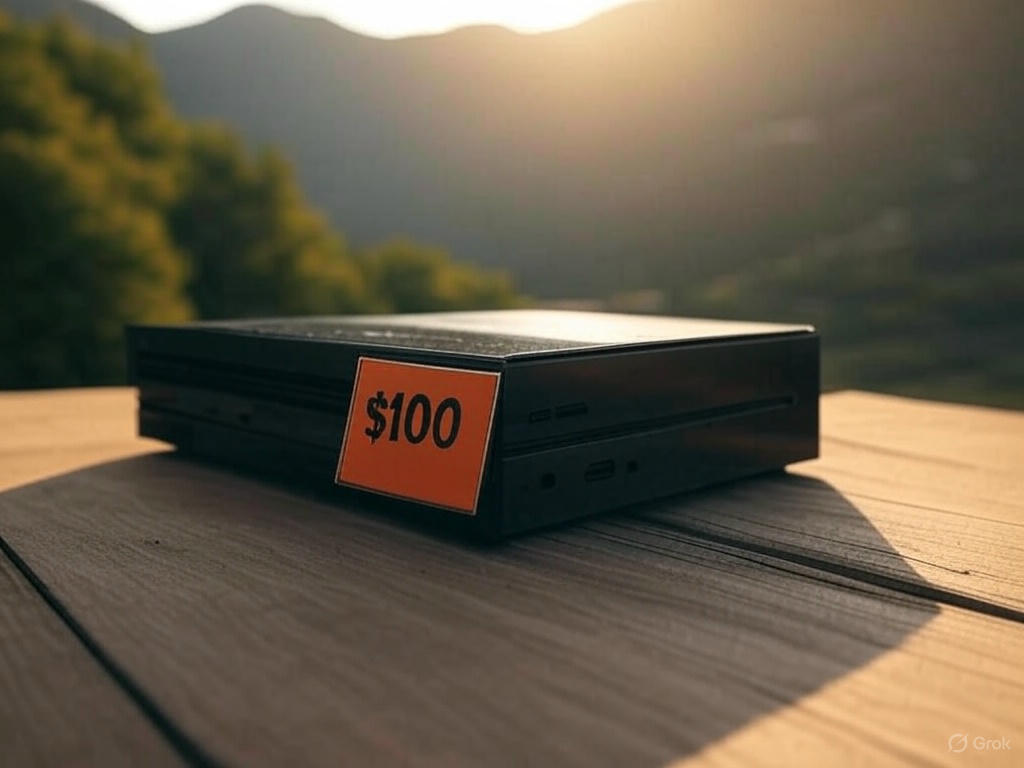 Game console with price tag on picnic table