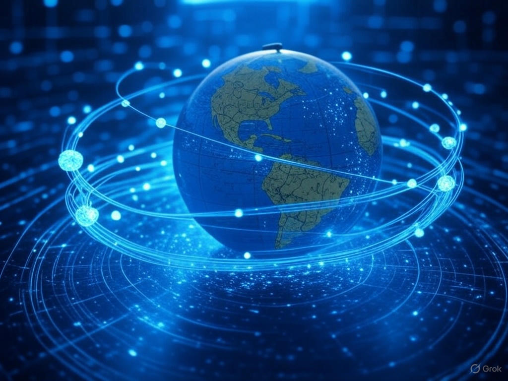 Globe with orbiting electrons on a cyberspace background