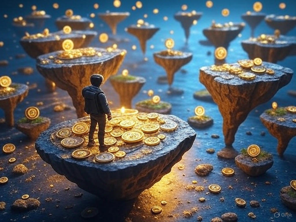 Man standing in surreal landscape with gold coin everywhere