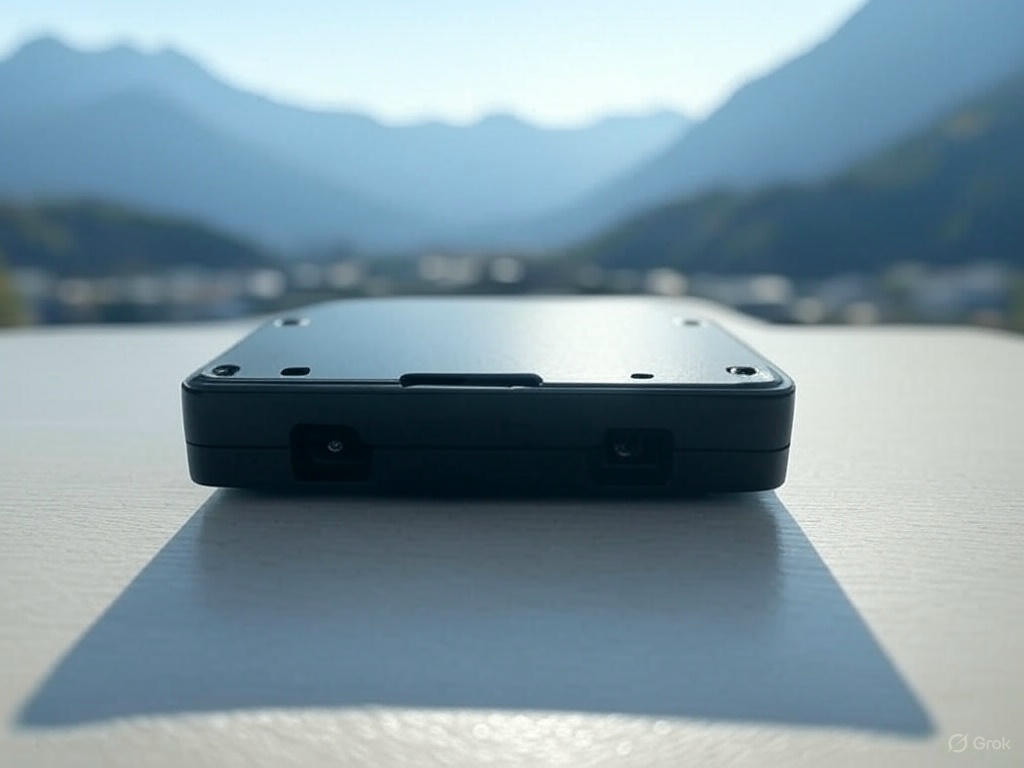 External hardrive on a table with mountains behind it
